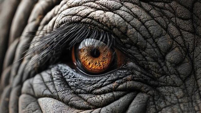 Extreme close-up of an elephant's eye, showcasing intricate skin texture and long eyelashes.