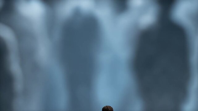 A person shrinks as the surrounding crowd looms as giant, blurred forms. Surreal, emotional scene symbolizing anxiety, social pressure, and distorted perception of the world.
