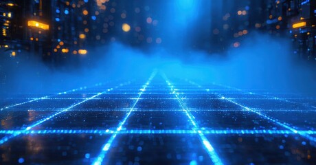 Obraz premium Futuristic grid extends into darkness. Blue light emanates from lines, fog obscures distant city lights. Dramatic perspective creates depth.