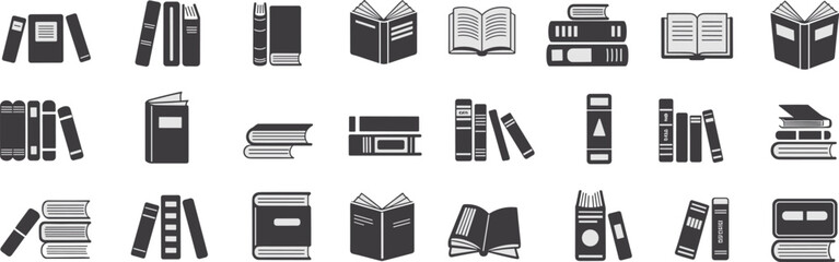 Book icons collection, open book, closed book, stacked books, upright books, leaning books, spine labels, minimal design, education, library, vector illustration © Rima Khatun