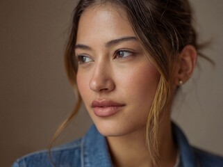 Naklejka premium Young woman gazes thoughtfully while posing in a simple setting during afternoon light in a casual outfit