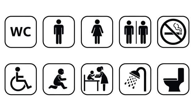 toilet icon set. WC sign. Washroom, male, female, unisex accessible, baby changing table room, shower, handicap, No smoking symbol. Public bathroom pictogram