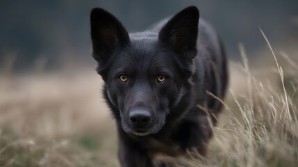 Moody black dog with intense amber eyes gazes forward in a dry grassy field