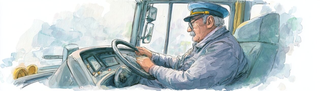 A watercolor illustration of a bus driver focused on steering the vehicle, wearing a uniform and cap, with a smoky, blue-toned background.
