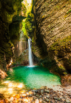 Kozjak waterfall in Slovenian alps near soca river