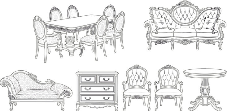 Luxury vintage furniture set vector illustration, classic baroque sofa dining table chairs and cabinet isolated on white