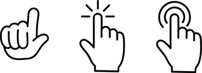 Fototapeta premium Hand Gesture Tap and Touch Icons Set with Finger Press Click and Pointing Outline Vector Illustration
