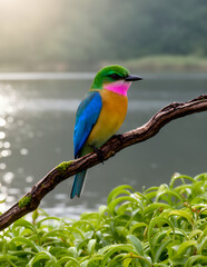 Obraz premium Colorful Tropical Bird Perched On A Branch With A Sparkling Lake Background, Vibrant Nature Scene