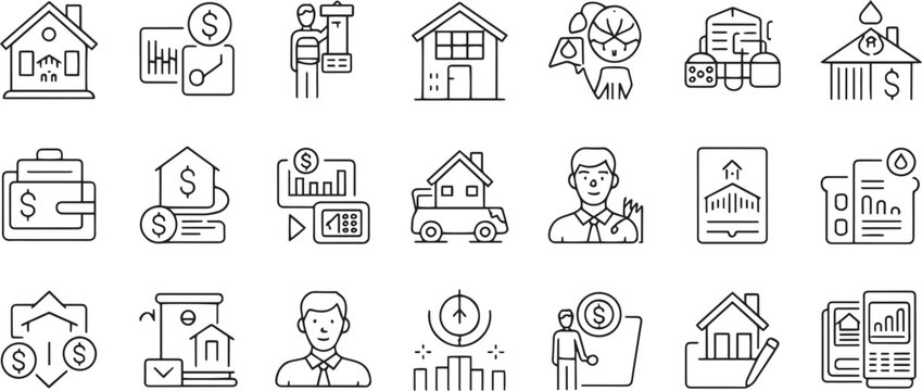 Collection of hand drawn flat design icons related to real estate and finance
