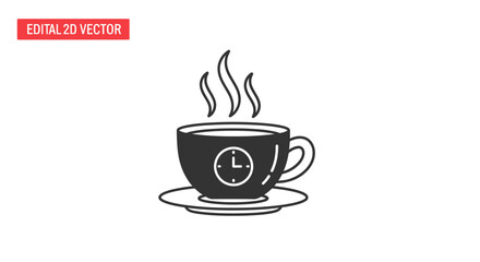 Steaming cup of coffee with clock symbol on a saucer viewed from the front