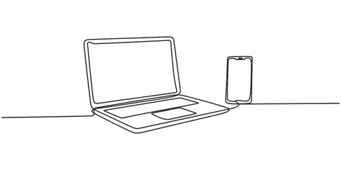 A simple continuous line art drawing illustrating a modern laptop computer alongside an upright smartphone Vector, illustration © Digital Illustration