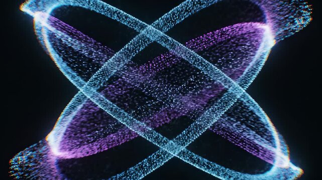 Vibrant blue and purple glowing particles form intertwined abstract elliptical shapes on a dark background