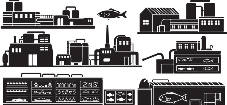 Industrial factory buildings and fish processing plant vector icons set