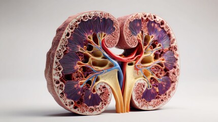 Fototapeta premium Detailed Medical Illustration of Kidney Cross Section with Vivid Colors