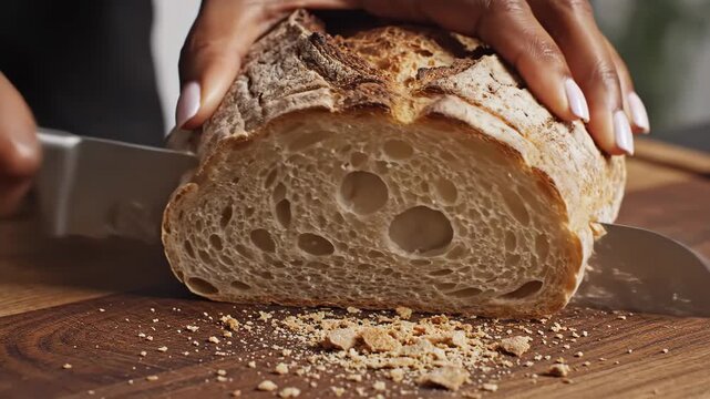 Close-up of hands slicing a fresh rustic loaf of artisan bread on a wooden cutting board