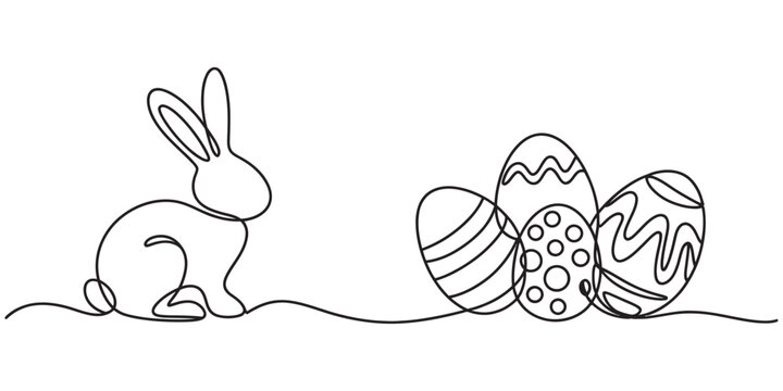 One line art illustration of an easter rabbit sitting next to three patterned easter eggs. Vector, illustration