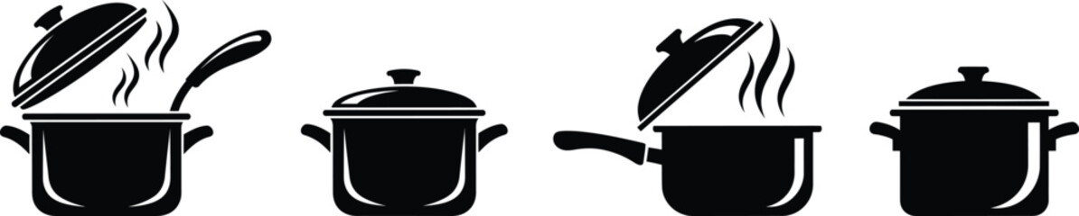 Simple black cooking pot silhouette with lid isolated on white background flat vector kitchen cookware icon design element