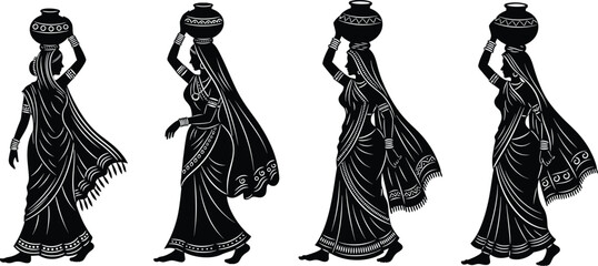 Traditional Indian women carrying water pots on heads and in hand, walking, black and white flat vector illustration, symbolizing daily life, culture and rural India. 