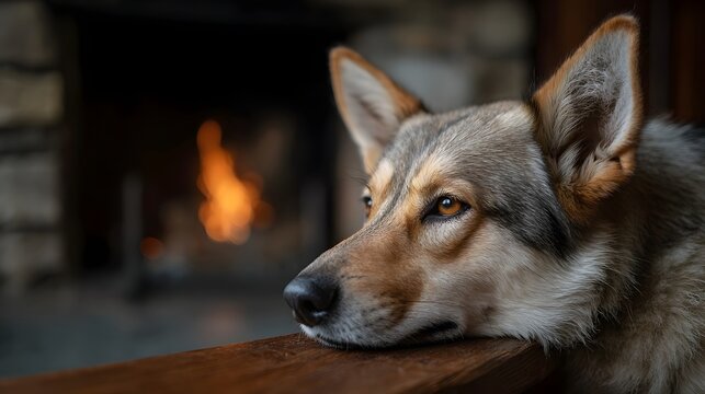 A thoughtful dog rests its head on a wooden railing looking towards a cozy flickering fireplace with warm flames creating a serene atmosphere indoors