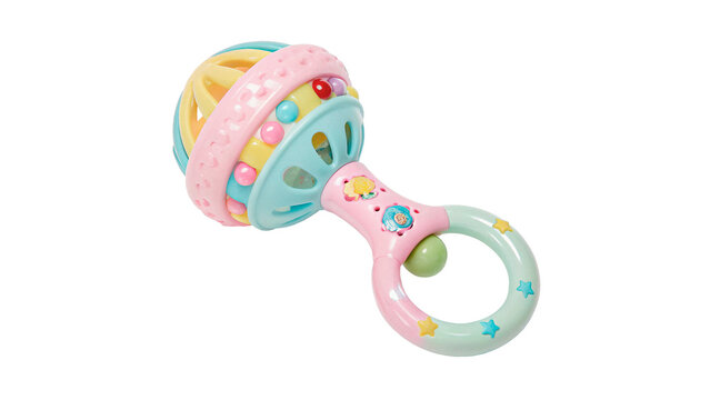 Colorful baby rattle with multiple shapes for babies to grasp, shake, and explore isolated on transparent background cut out
