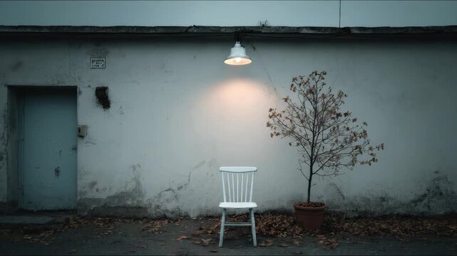 Empty white chair stands beneath lonely electric light, casting soft glow on worn structure facade, small bare tree, expressing profound solitude.
