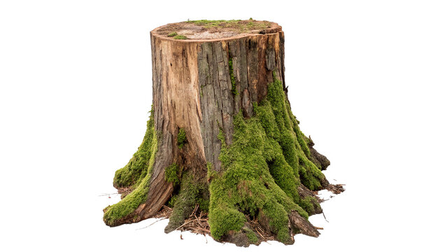 Tree stump covered with green moss  isolated on transparent background cut out