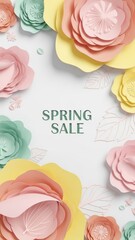 Spring sale floral paper flower background with pastel pink yellow and green layered blossoms for seasonal banner poster and wallpaper design