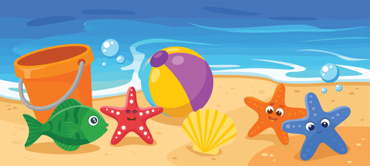 Cartoon Beach Scene with Toys and Marine Life on Sand