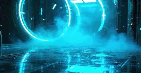 Fototapeta premium Futuristic scene. Bright blue rings dominate dark space. Vapor obscures floor, creating mysterious atmosphere. Lighting emphasizes technology.