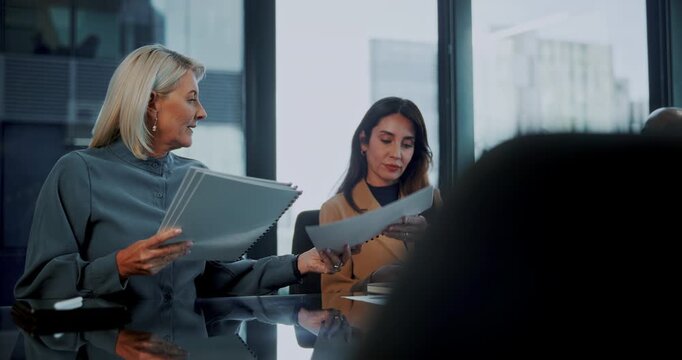 Team, business people and hand out document for strategy agenda, talk or investment meeting. Giving paperwork, planning and conversation with group in company for financial budget, proposal or report
