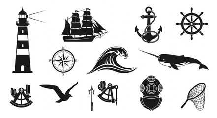 Nautical themed collection of various maritime symbols and elements. © Dita