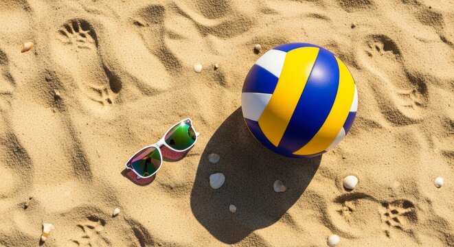 Beach Ball and Sunglasses on Sandy Beach.