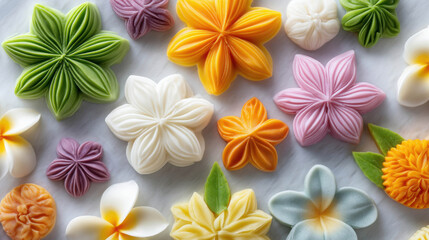 Obraz premium Assorted Floral Thai Khanom Chan Treats from Top Down View on Marbled Surface