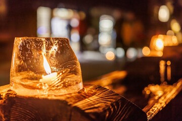 冬の木曽路・妻籠宿「氷雪の灯祭り」のアイスキャンドルと玉ボケ