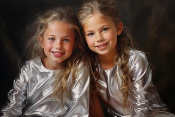 Fototapeta premium Two young twin sisters are smiling, looking directly at the viewer with happiness