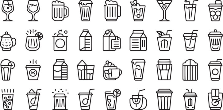 Collection of various drinkware and beverage containers illustrated in simple line art style