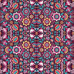 Seamless Vibrant Folk Art Floral Pattern, Ornate Ethnic Botanical Texture