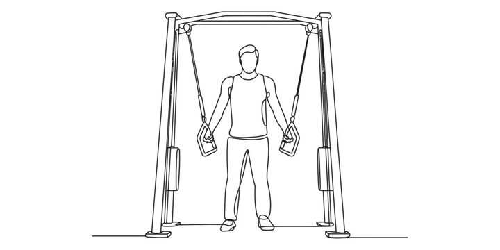 Line drawing of a man performing chest fly exercises on a cable crossover machine in a gym. isolated on white background, Vector, illustration