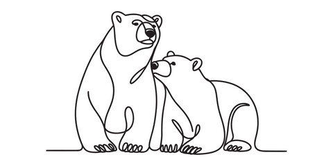 Obraz premium Continuous line drawing of a mother polar bear and her cub in a minimalist style isolated on white background, Vector, illustration