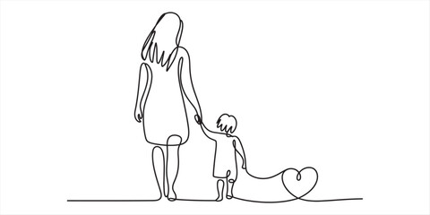 Minimalist one line art illustration of a mother and her child walking together with love isolated on white background, Vector, illustration © Pabon Art Gallery