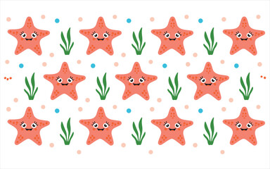 Cute Cartoon Starfish Pattern with Seaweed and Bubbles