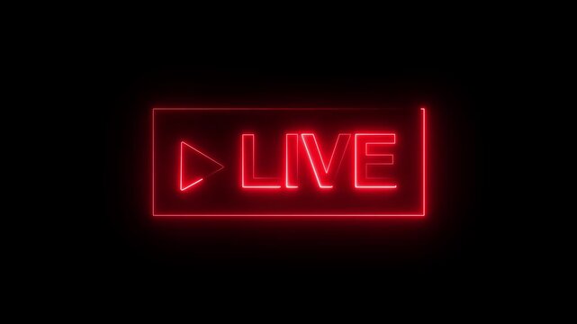 Neon Live streaming frame text icon animation glowing neon blue color font letter word template for streamers with play pause and circle rectangle with live show sign symbol on black background