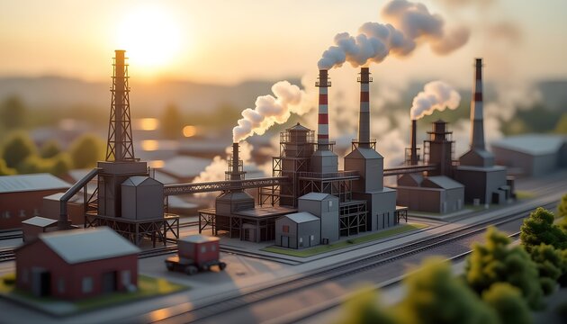 Industrial landscape with steam locomotives and workers. 3d rendering