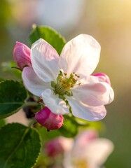 Obraz premium A close-up of a white flower with pink buds and green leaves