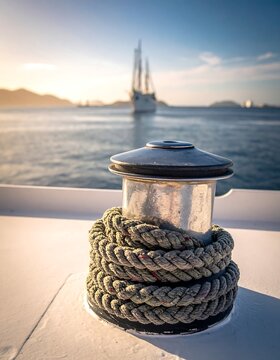 A coiled rope on a boat's deck overlooking a serene sea