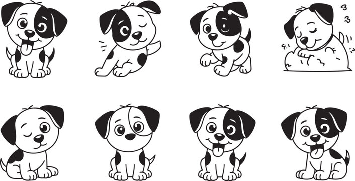 Cute black and white puppy dog cartoon character set with different expressions and poses