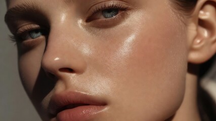 Fototapeta premium Close-up portrait of young caucasian female with natural makeup and glossy skin.