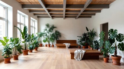 Fototapeta premium Spacious minimalist interior with wooden ceiling and lush green potted plants.