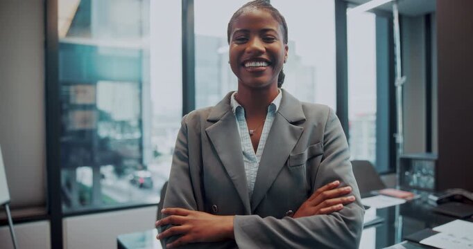 Realtor, face or black woman in office with arms crossed, career or ambition as property seller. Smile, portrait or mature real estate agent with pride, about us or confidence in housing industry.