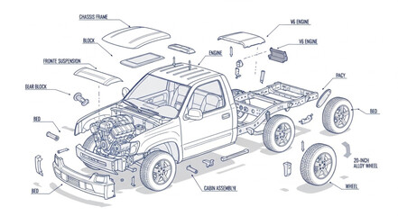 Detailed Technical Drawing of Pickup Truck. © Kirana
